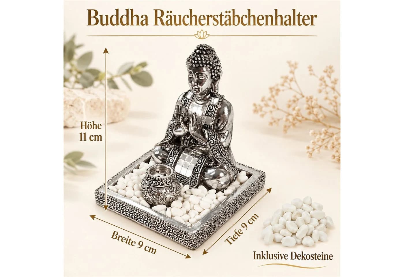 INtrenDU Buddhafigur Räucherstäbchenhalter Silber mit Dekosteinen