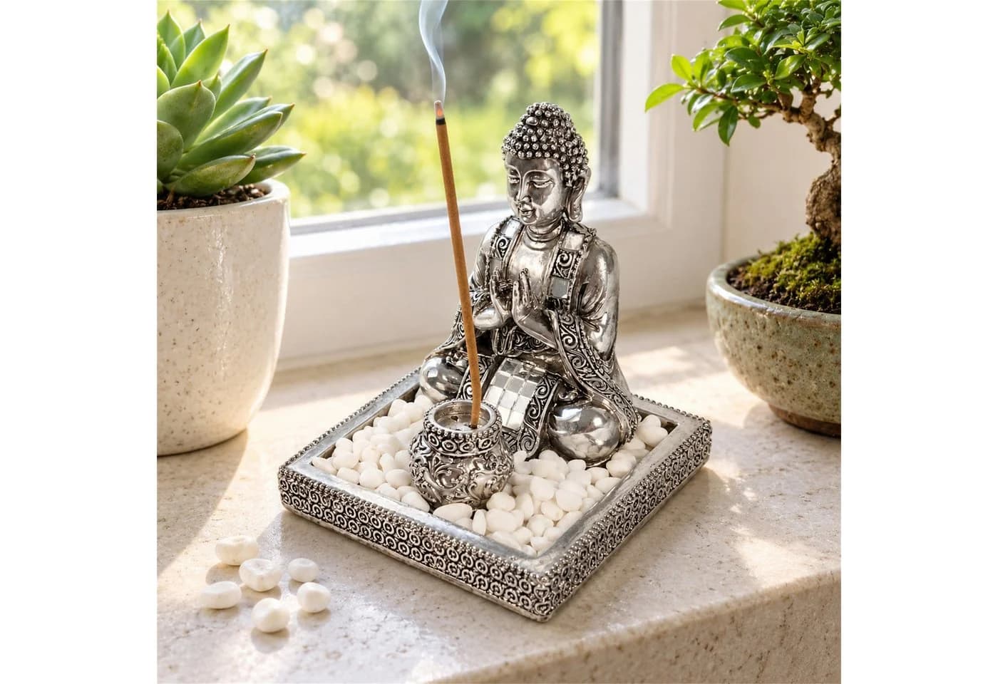 INtrenDU Buddhafigur Räucherstäbchenhalter Silber mit Dekosteinen - Bild 2