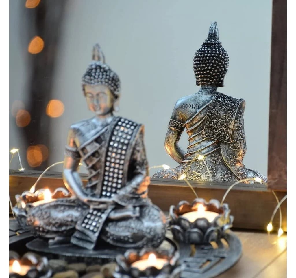 INtrenDU Teelichthalter mit Tablett Buddha Set Silber Frei Platzierbar