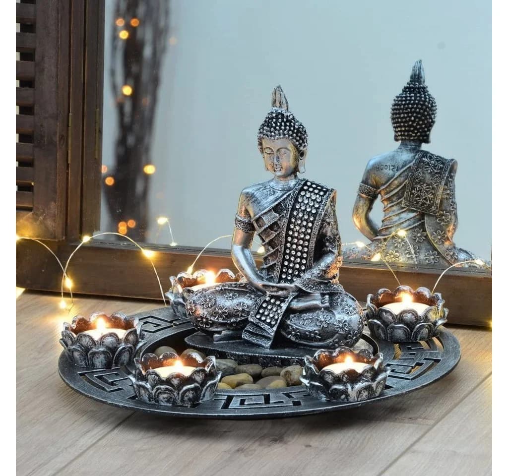 INtrenDU Teelichthalter mit Tablett Buddha Set Silber Frei Platzierbar - Bild 2