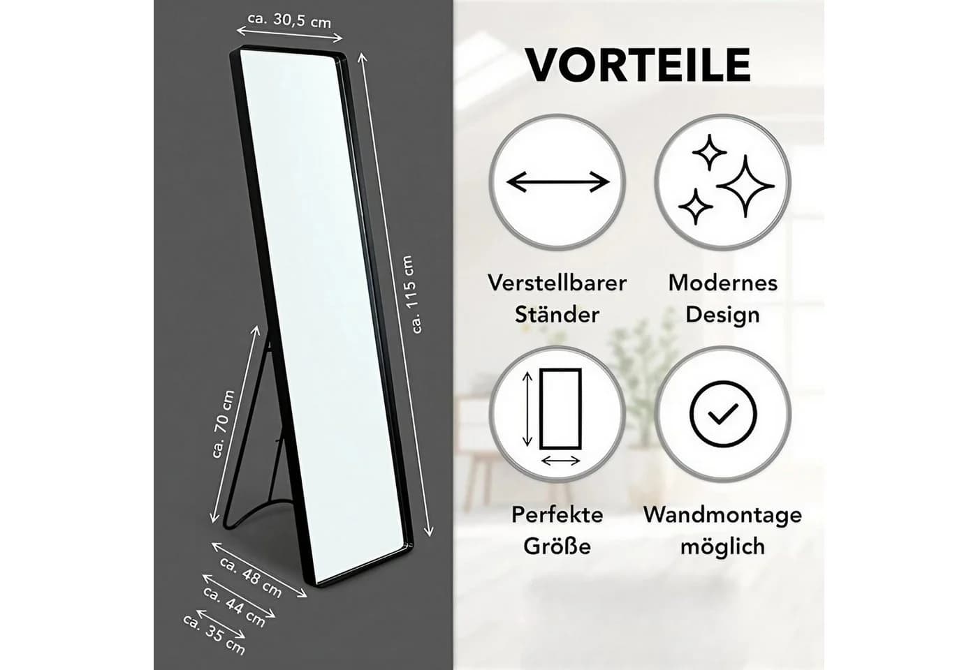 INtrenDU Standspiegel Ganzkörperspiegel Schwarz - Bild 3