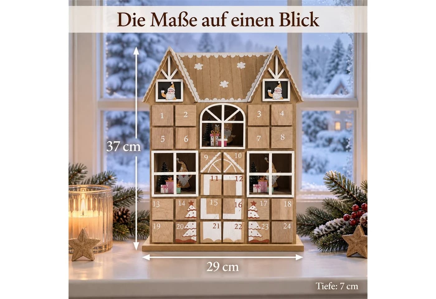 INtrenDU Adventskalender Holzhaus mit LED-Beleuchtung & 24 Schubladen