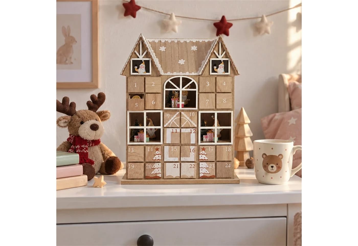 INtrenDU Adventskalender Holzhaus mit LED-Beleuchtung & 24 Schubladen - Bild 4