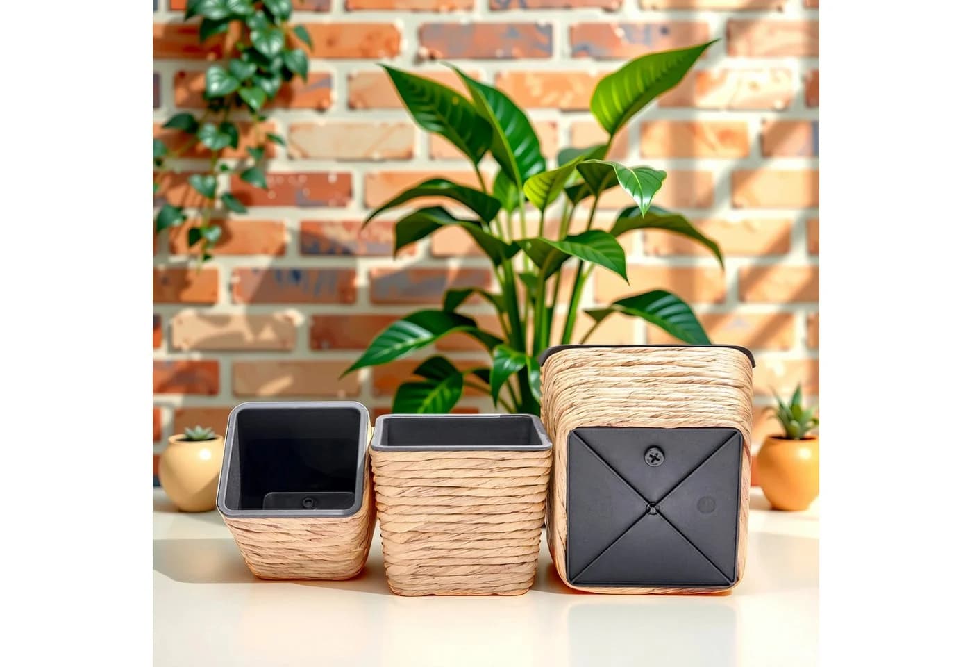 INtrenDU Blumentopf Seegras Eckig 3er Set mit Innentopf Schwarz - Bild 3