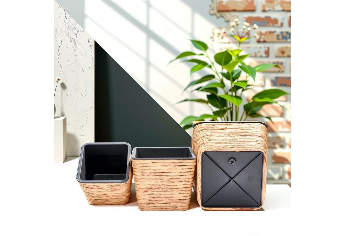 INtrenDU Blumentopf Seegras Eckig 3er Set mit Innentopf Schwarz - Bild 4