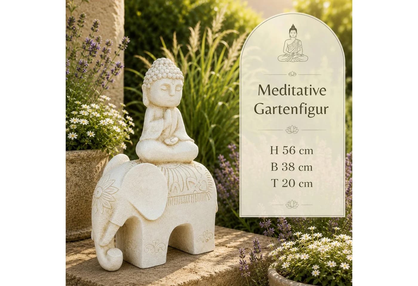 INtrenDU Gartenfigur Buddha auf Elefant 56 cm weiß