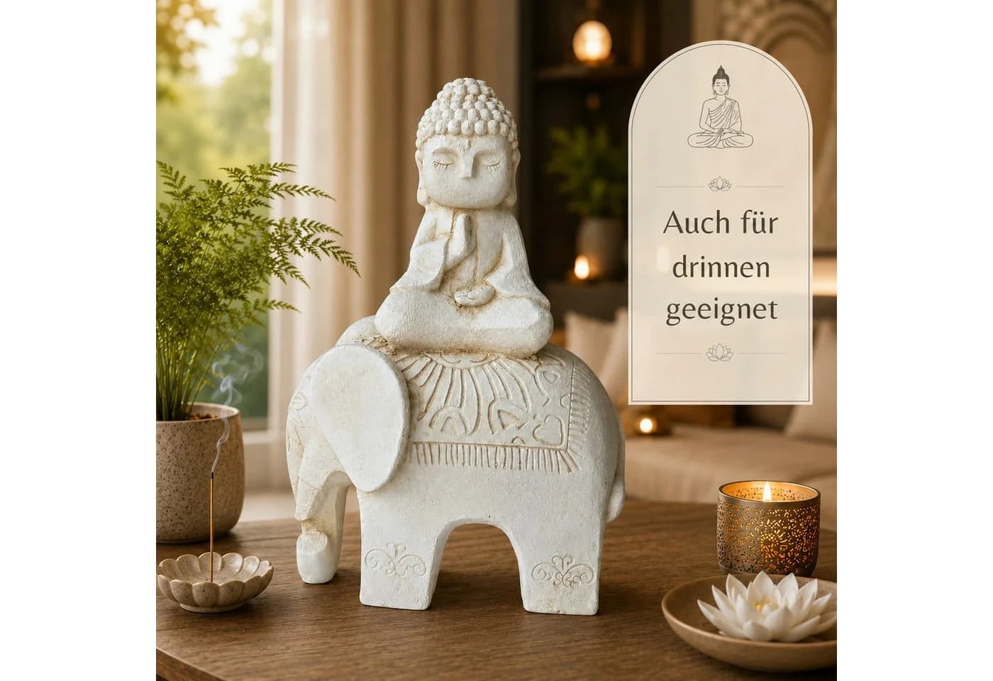 INtrenDU Gartenfigur Buddha auf Elefant 56 cm weiß - Bild 4