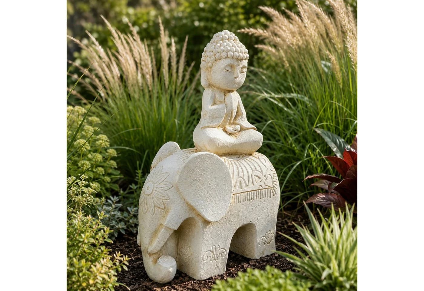 INtrenDU Gartenfigur Buddha auf Elefant 56 cm weiß - Bild 5