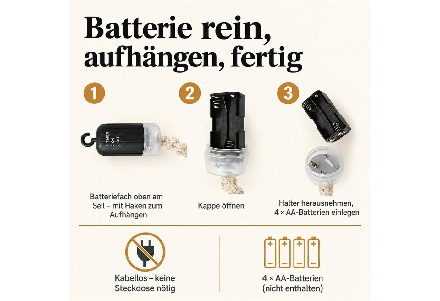INtrenDU LED-Leuchte Makramee-Seil Glaskugel Fernbedienung Timer