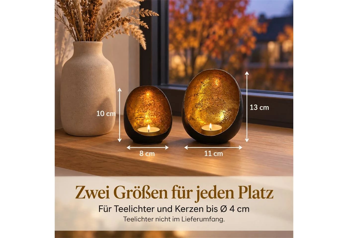 INtrenDU Teelichthalter Oval Metall Schwarz Matt Gold 2er Set - Bild 3