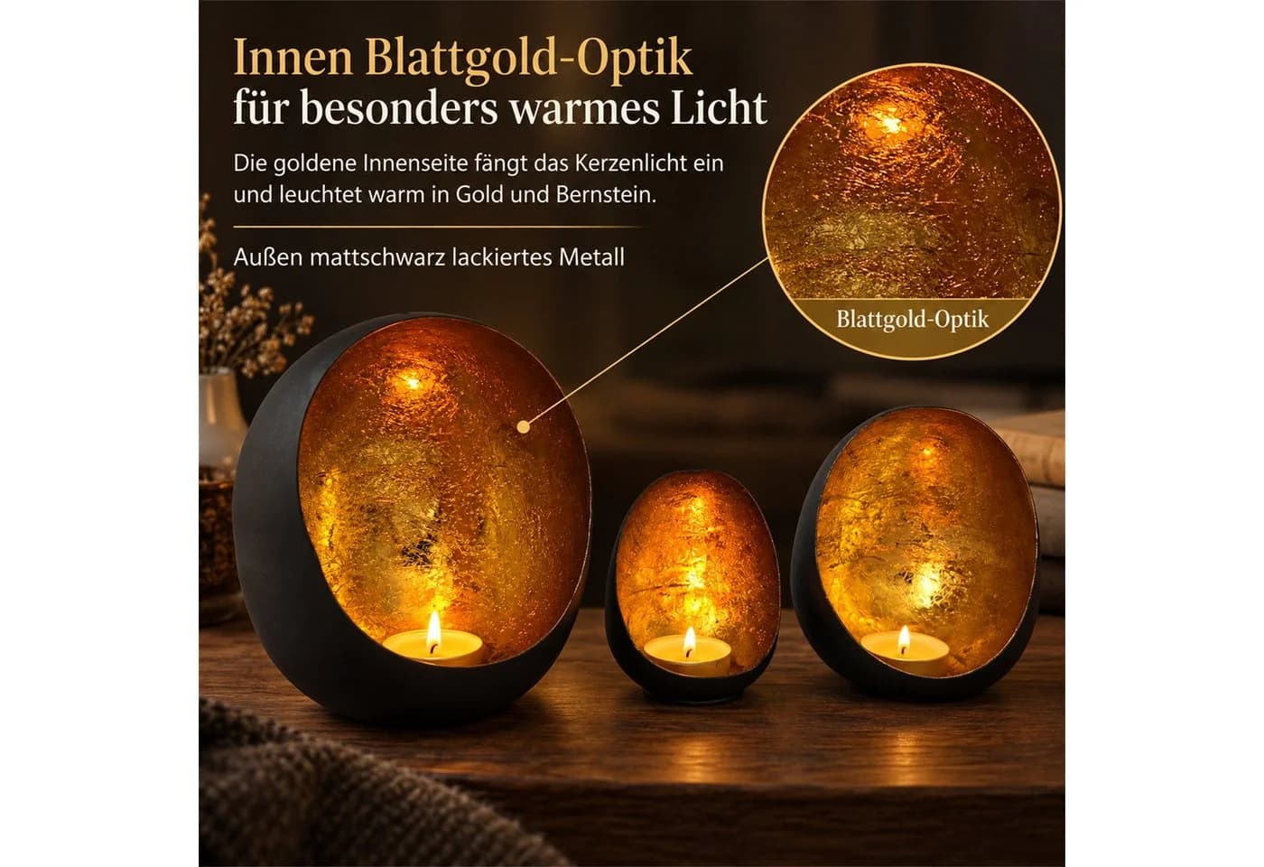 INtrenDU Teelichthalter oval 3er-Set Metall schwarz matt gold