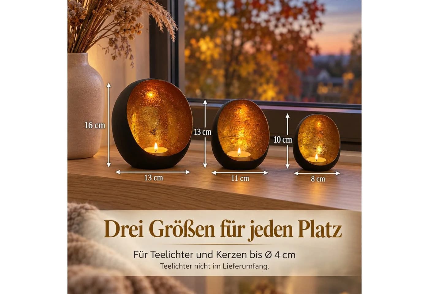 INtrenDU Teelichthalter oval 3er-Set Metall schwarz matt gold - Bild 3