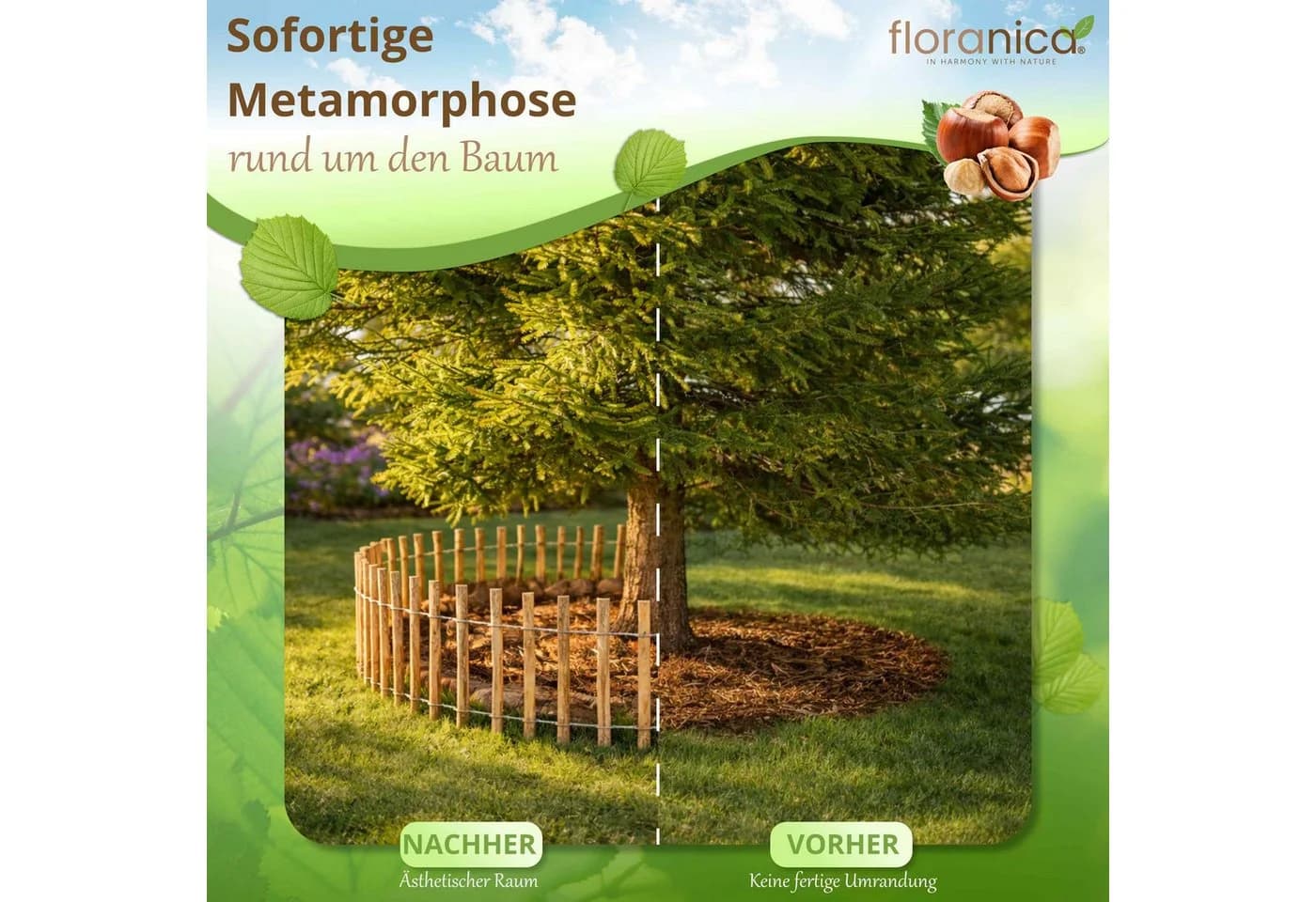 Floranica Staketenzaun aus Haselnuss Holz Gartenzaun Braun - Bild 5