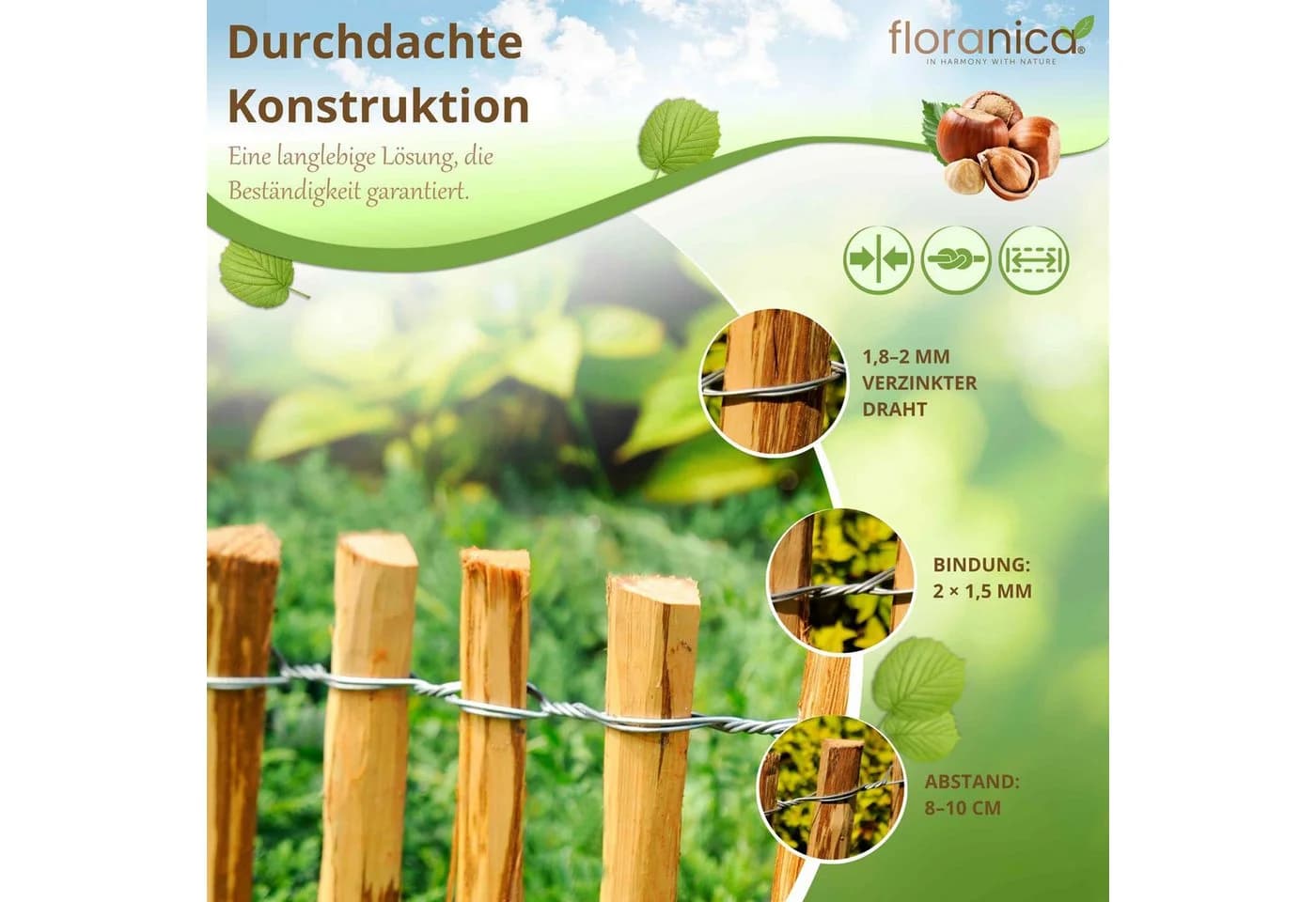 Floranica Staketenzaun Haselnuss Holz - Bild 4