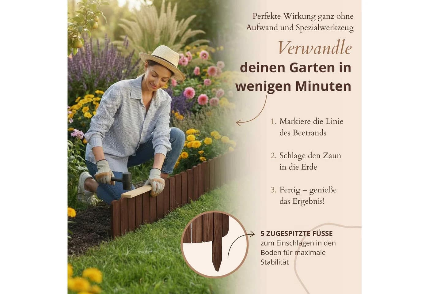 Floranica Beeteinfassung Braun Kiefernholz Flexibler Rollborder - Bild 5
