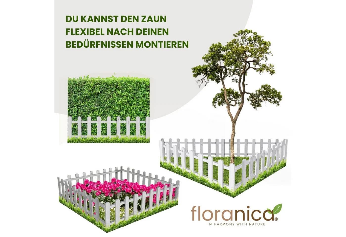 Floranica Zierzaun aus Kiefernholz, Beetumrandung, Steckzaun, Weiß - Bild 4