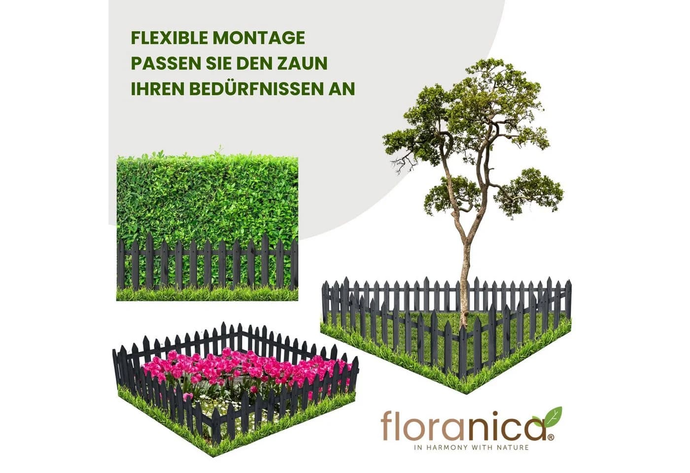 Floranica Zierzaun Anthrazit Kiefernholz Steckzaun - Bild 4