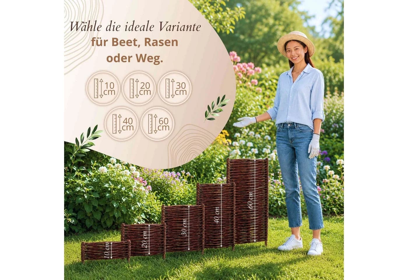 Floranica Weidenzaun Beeteinfassung Beetbegrenzung aus Weide Steckzaun Braun