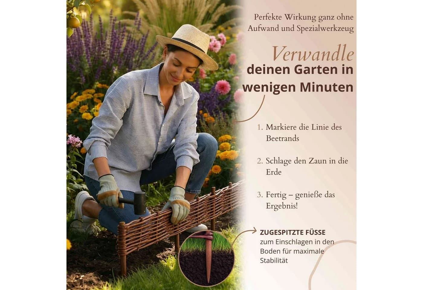 Floranica Weidenzaun Beeteinfassung Beetbegrenzung aus Weide Steckzaun Braun - Bild 4