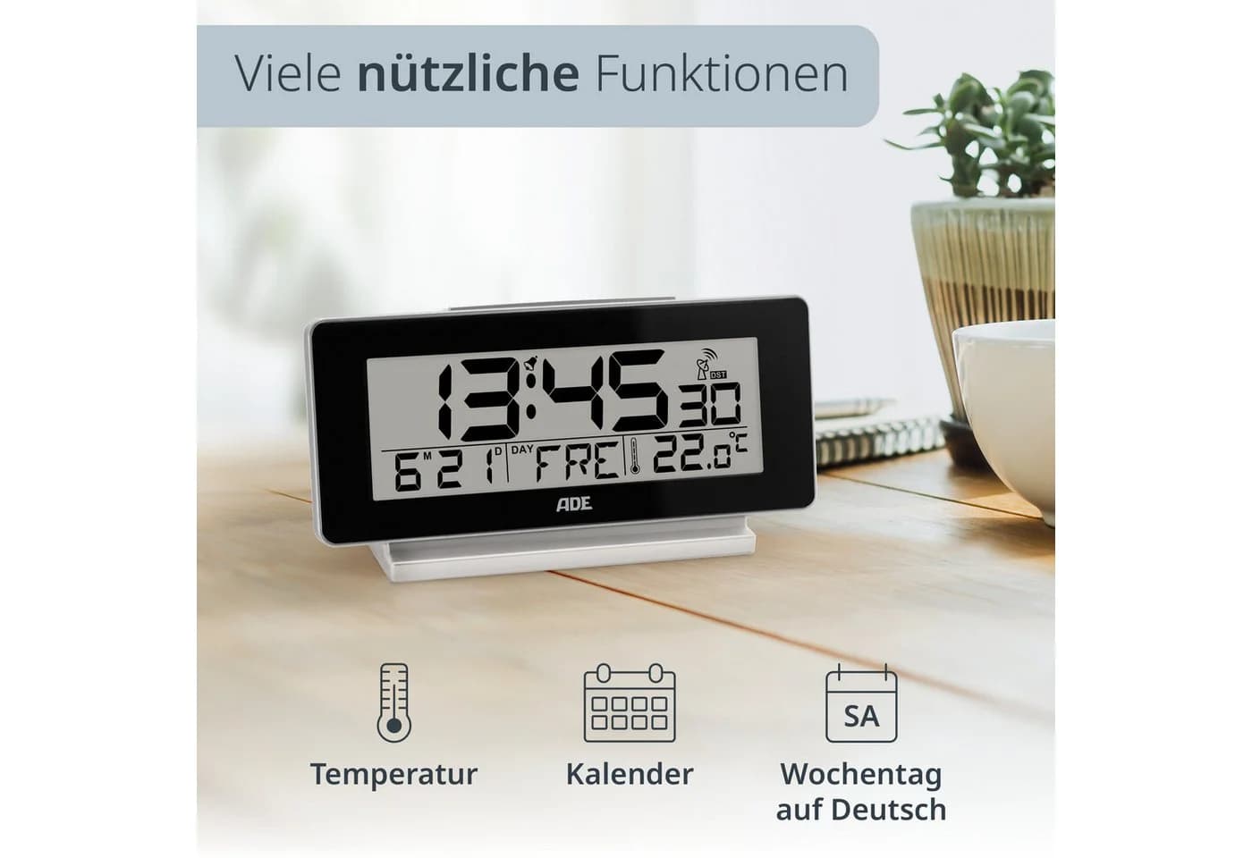 ADE Funktischuhr Digitaler Wecker Schwarz mit Beleuchtung und Temperaturanzeige
