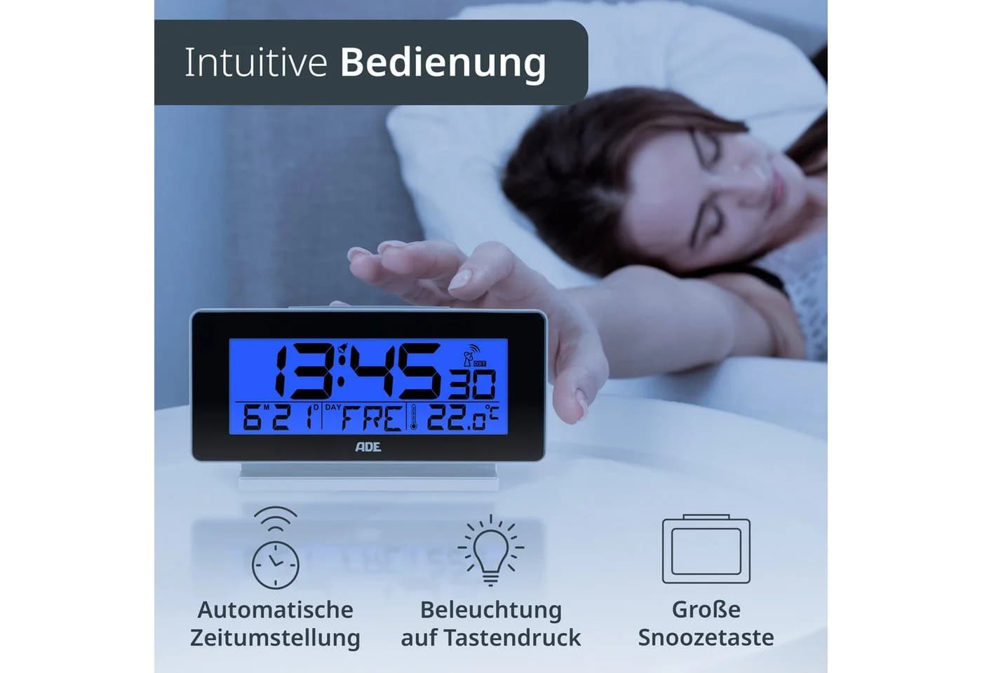 ADE Funktischuhr Digitaler Wecker Schwarz mit Beleuchtung und Temperaturanzeige - Bild 5