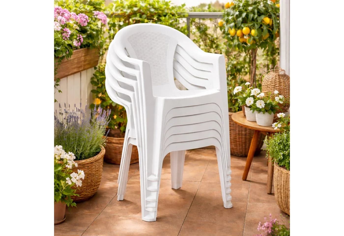 Mojawo Outdoor Stapelstuhl 6er Set Weiß Kunststoff