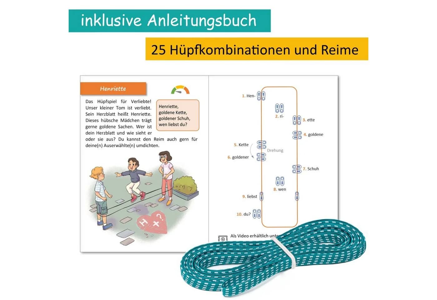 GLÜCKSWOLKE Gummitwist Set mit Buch & Videothek - 4m Hüpfgummi Grün