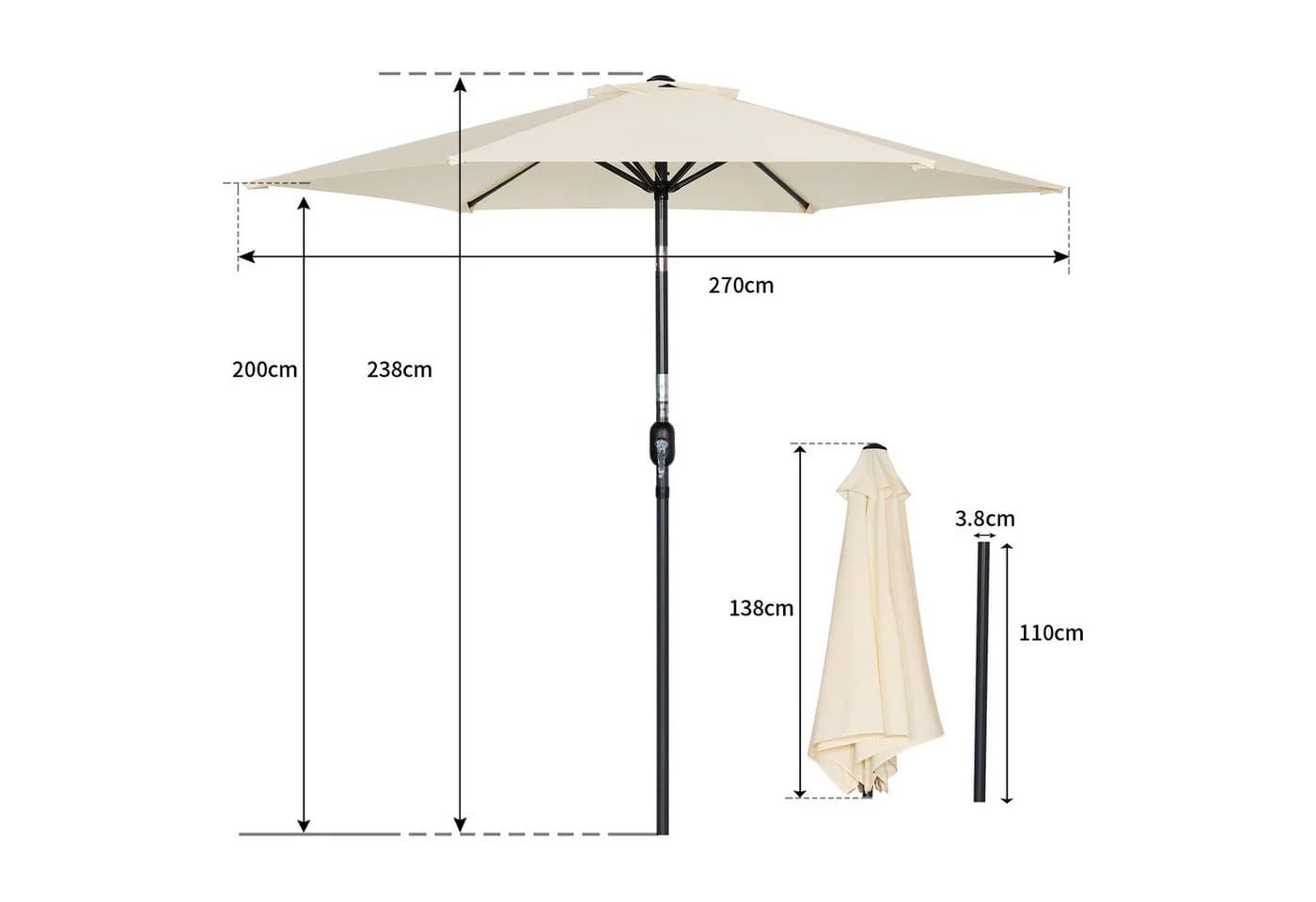 Angel Living Sonnenschirm Rund Cremefarbe UV-Schutz 50+ Neigefunktion