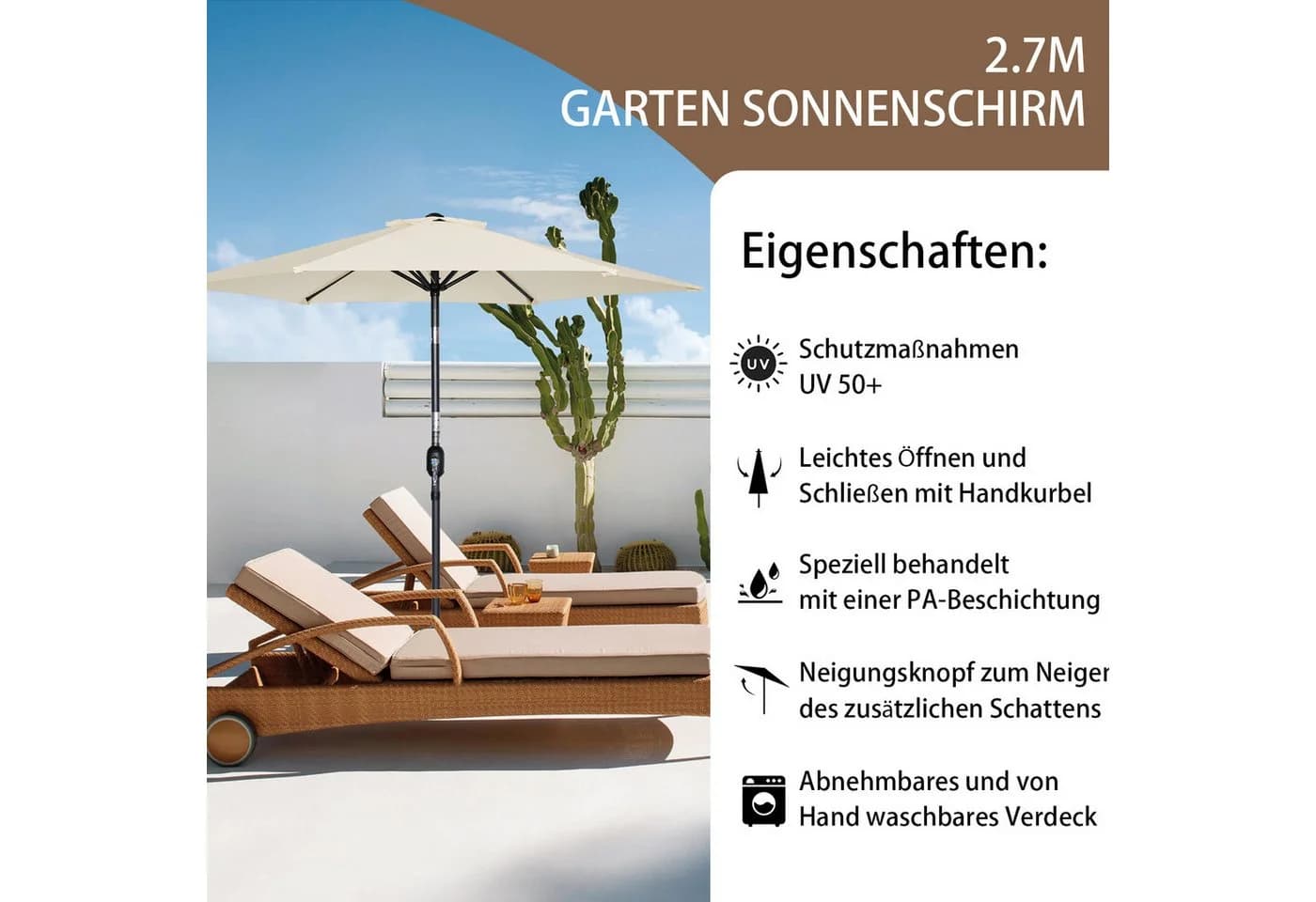 Angel Living Sonnenschirm Rund Cremefarbe UV-Schutz 50+ Neigefunktion - Bild 3