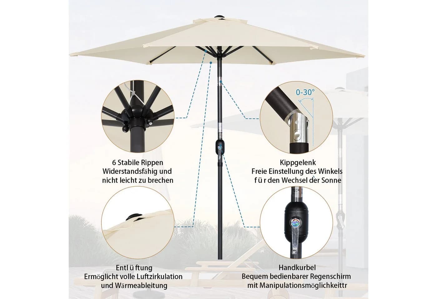 Angel Living Sonnenschirm Rund Cremefarbe UV-Schutz 50+ Neigefunktion - Bild 5