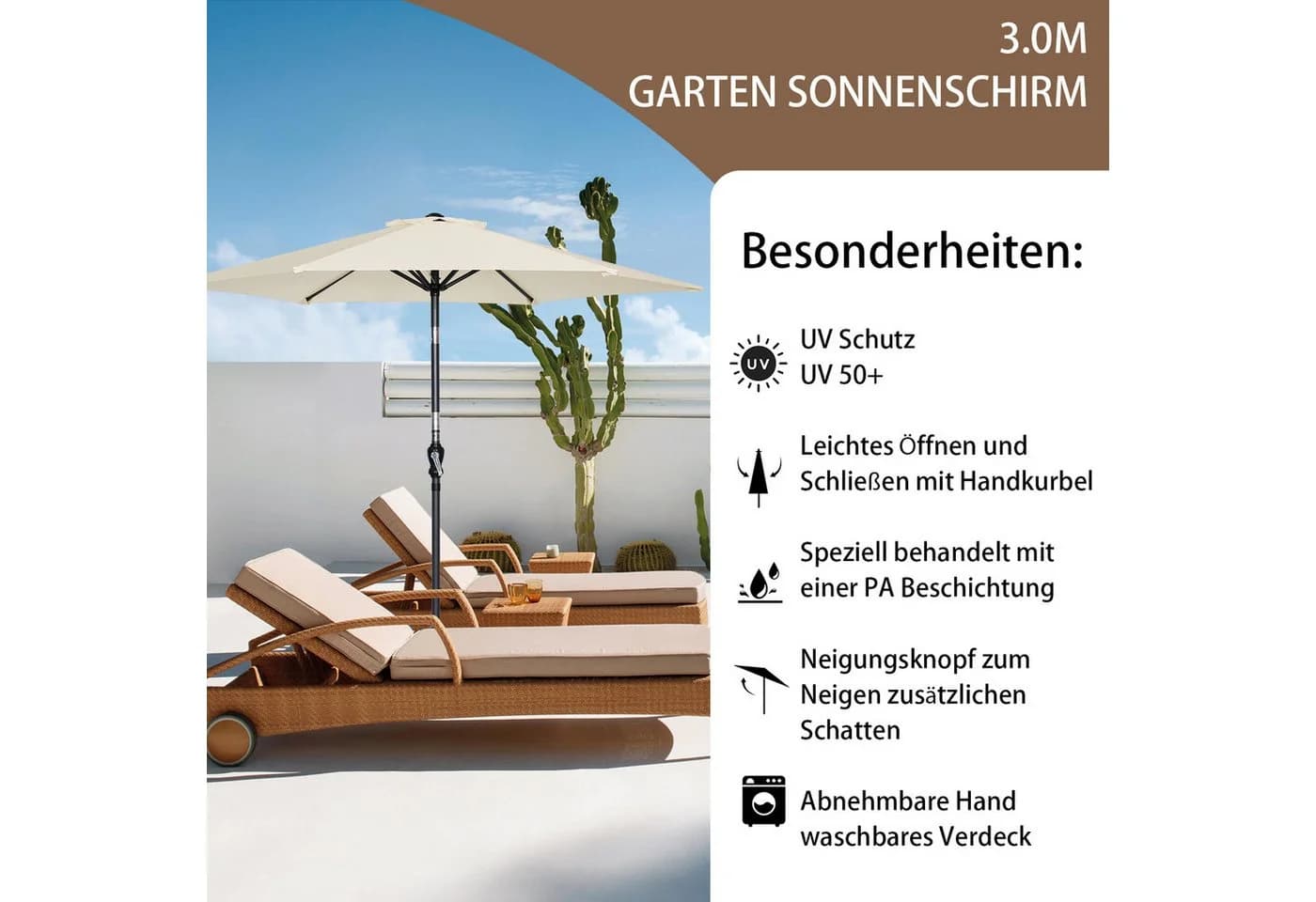 Angel Living Sonnenschirm Ø 300 cm UV-Schutz 50+ Cremefarbe - Bild 4