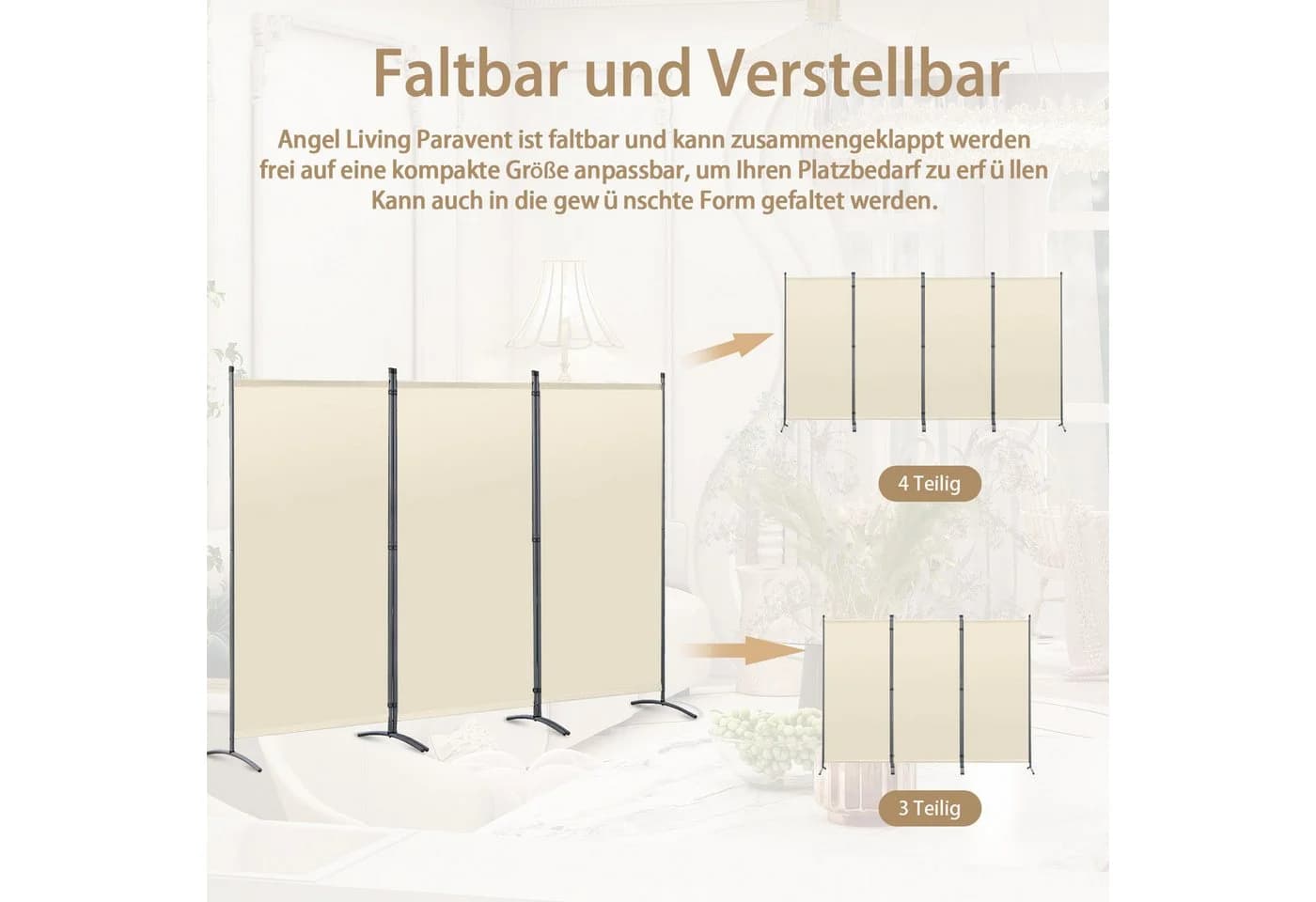Angel Living 3-teiliger Paravent Sichtschutz Beige/Grau/Weiß - Bild 5