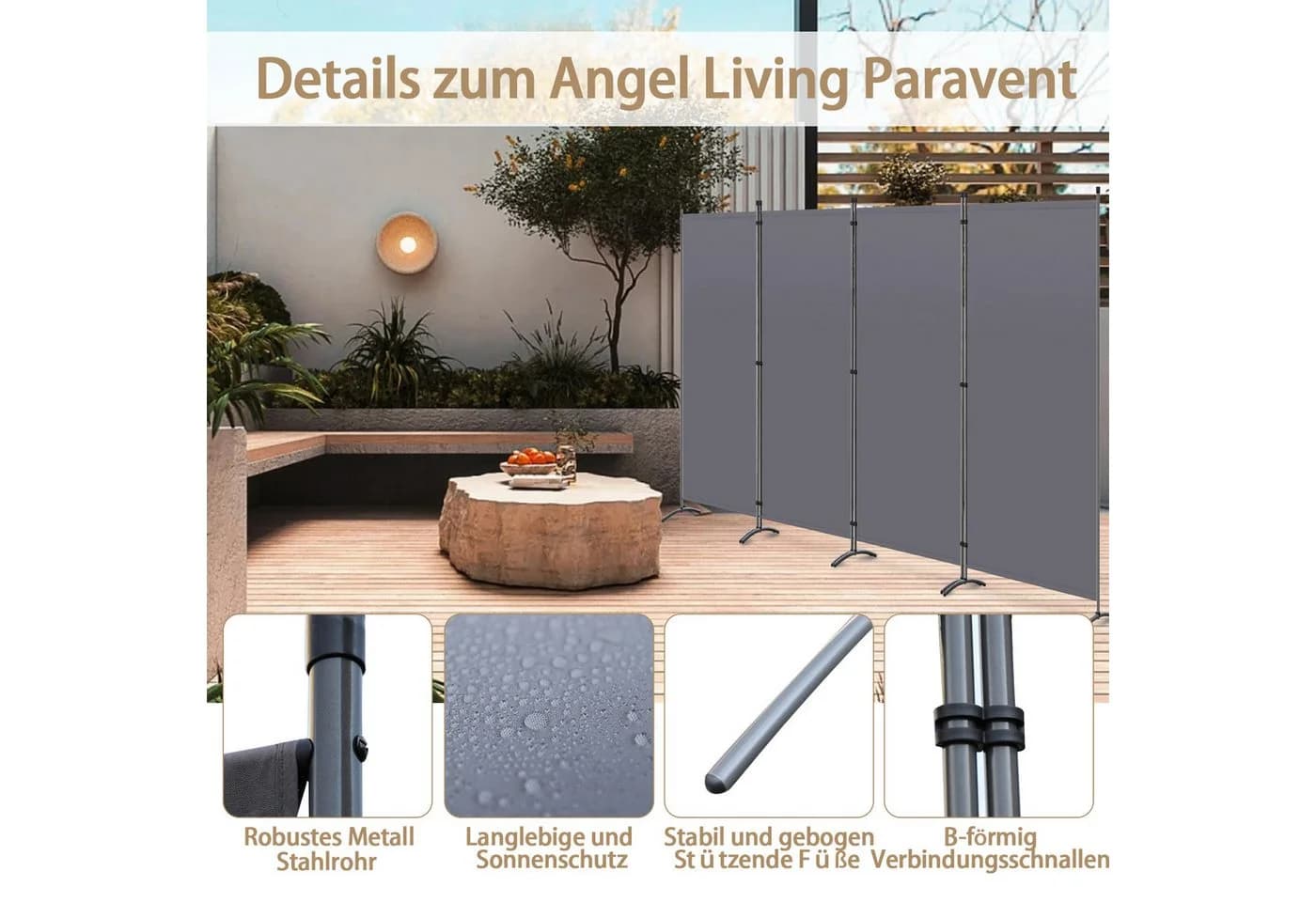 Angel Living 4-teiliger Paravent Sichtschutz Beige/Grau/Weiß - Bild 5