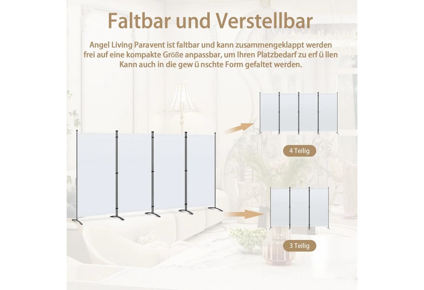 Angel Living Paravent 4-teilig Sichtschutz Beige Grau Weiß - Bild 5