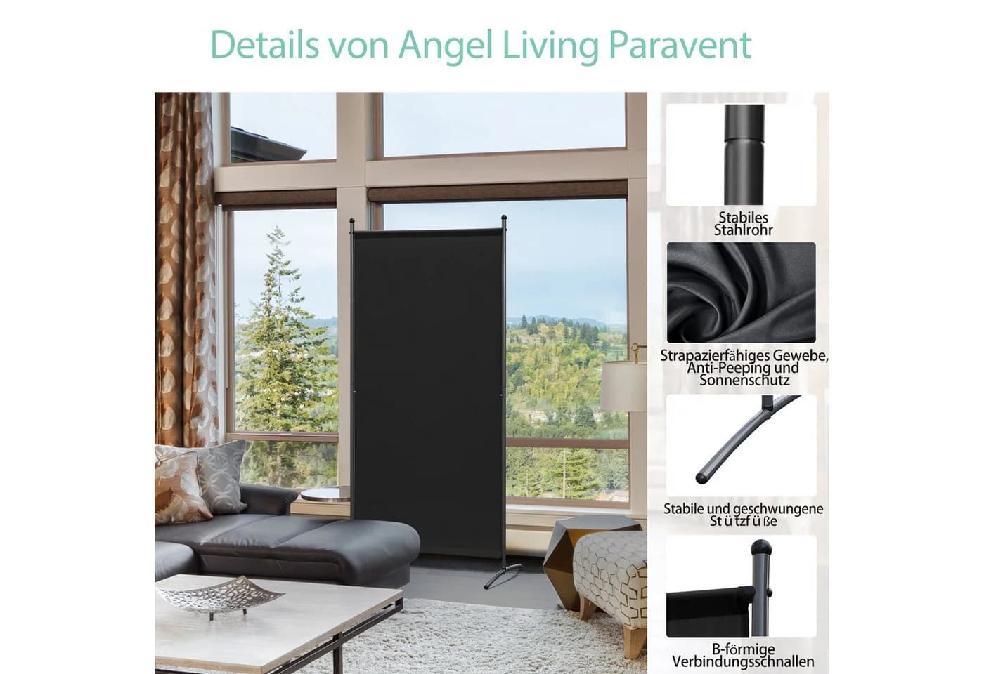 Angel Living Paravent Raumteiler-Paravent 81x180 cm Sichtschutz Stahl Polyester Schwarz - Bild 3