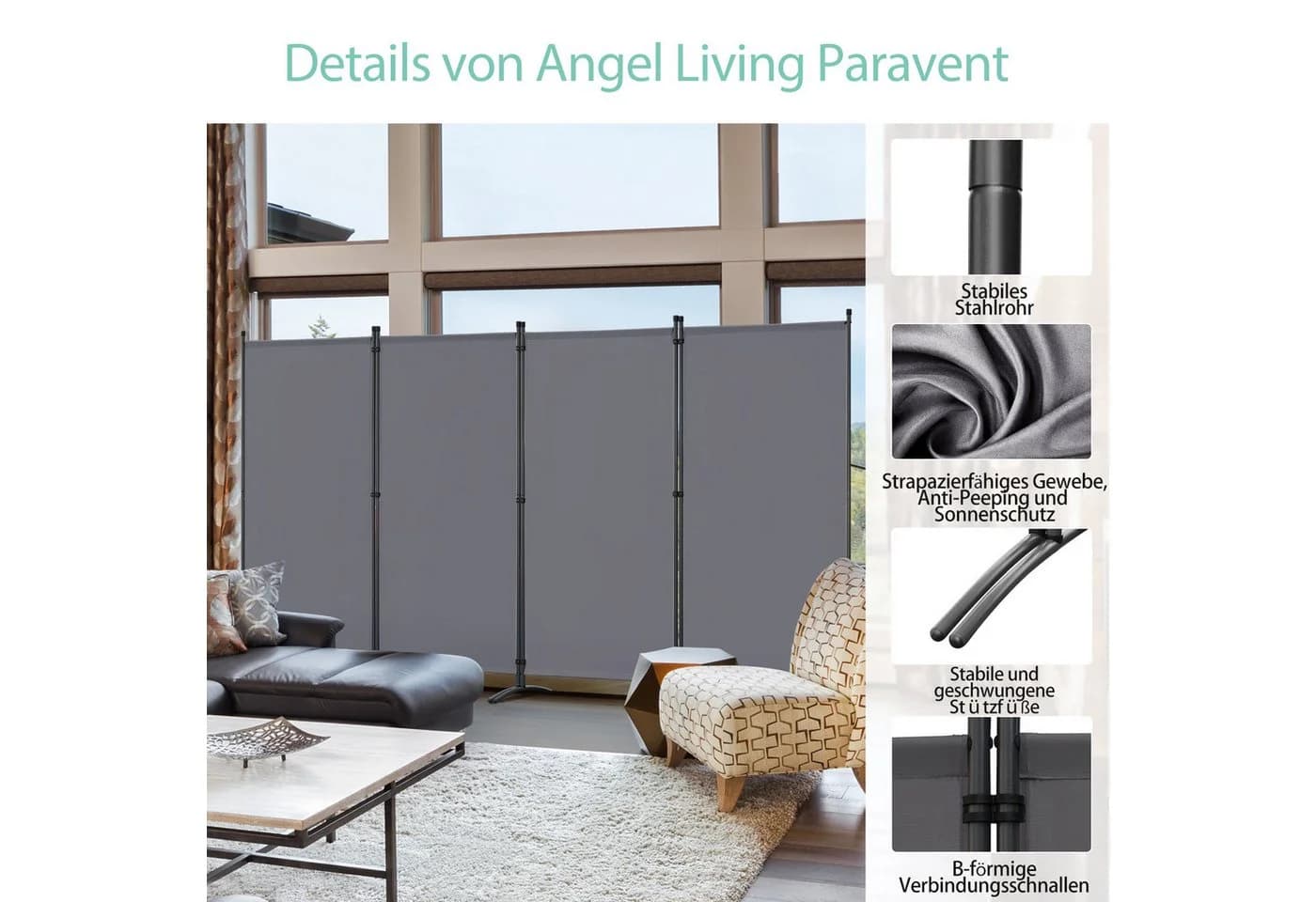 Angel Living Paravent 4-teilig Raumteiler Stahl Polyester - Bild 3