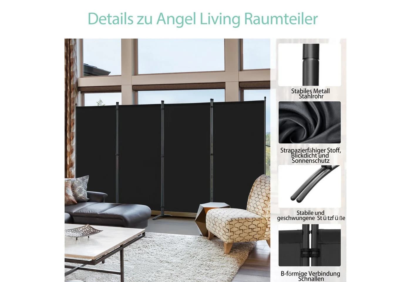 Angel Living 4-teiliger Paravent Raumteiler Sichtschutz Stahl Polyester - Bild 3