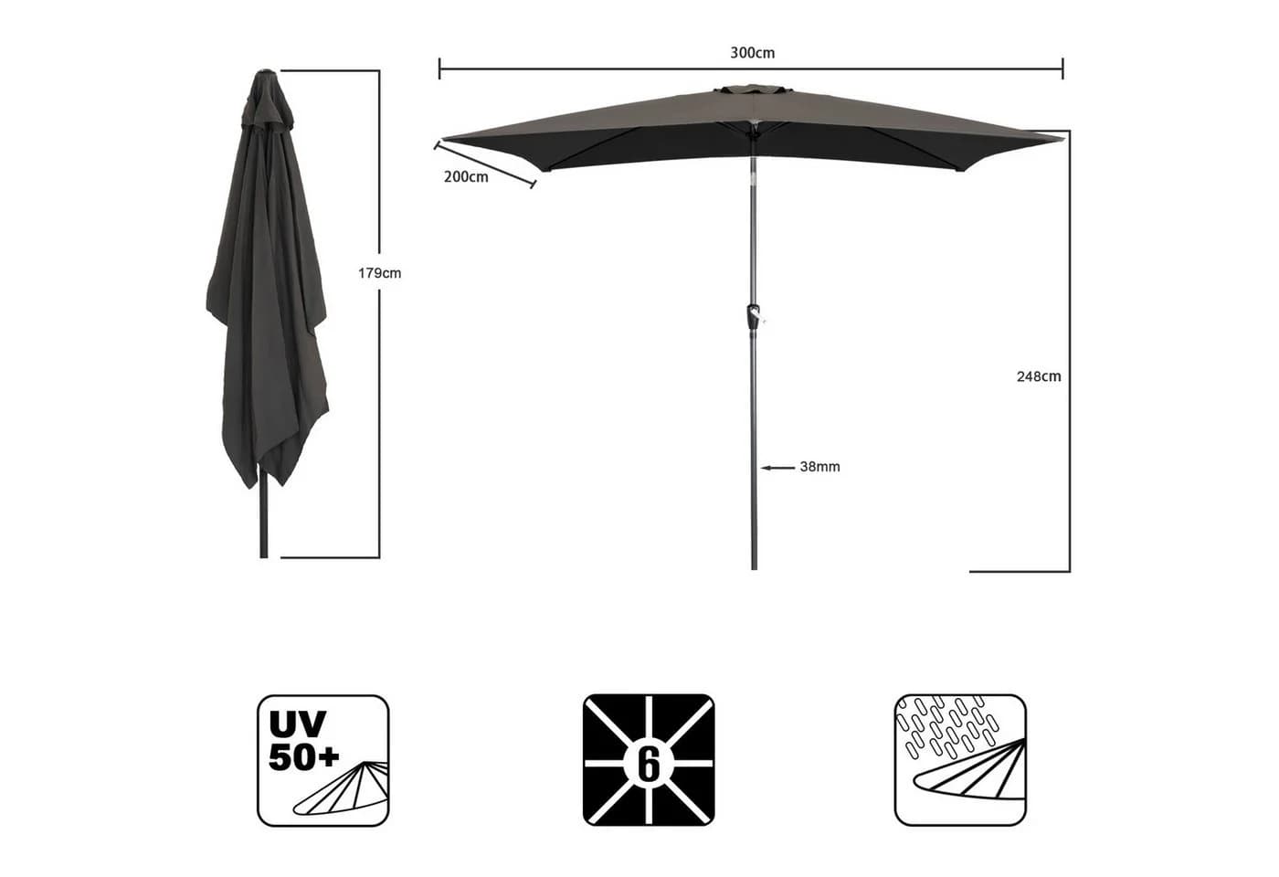 Angel Living Sonnenschirm 200x300 cm Grau Kurbel UV-Schutz 50+