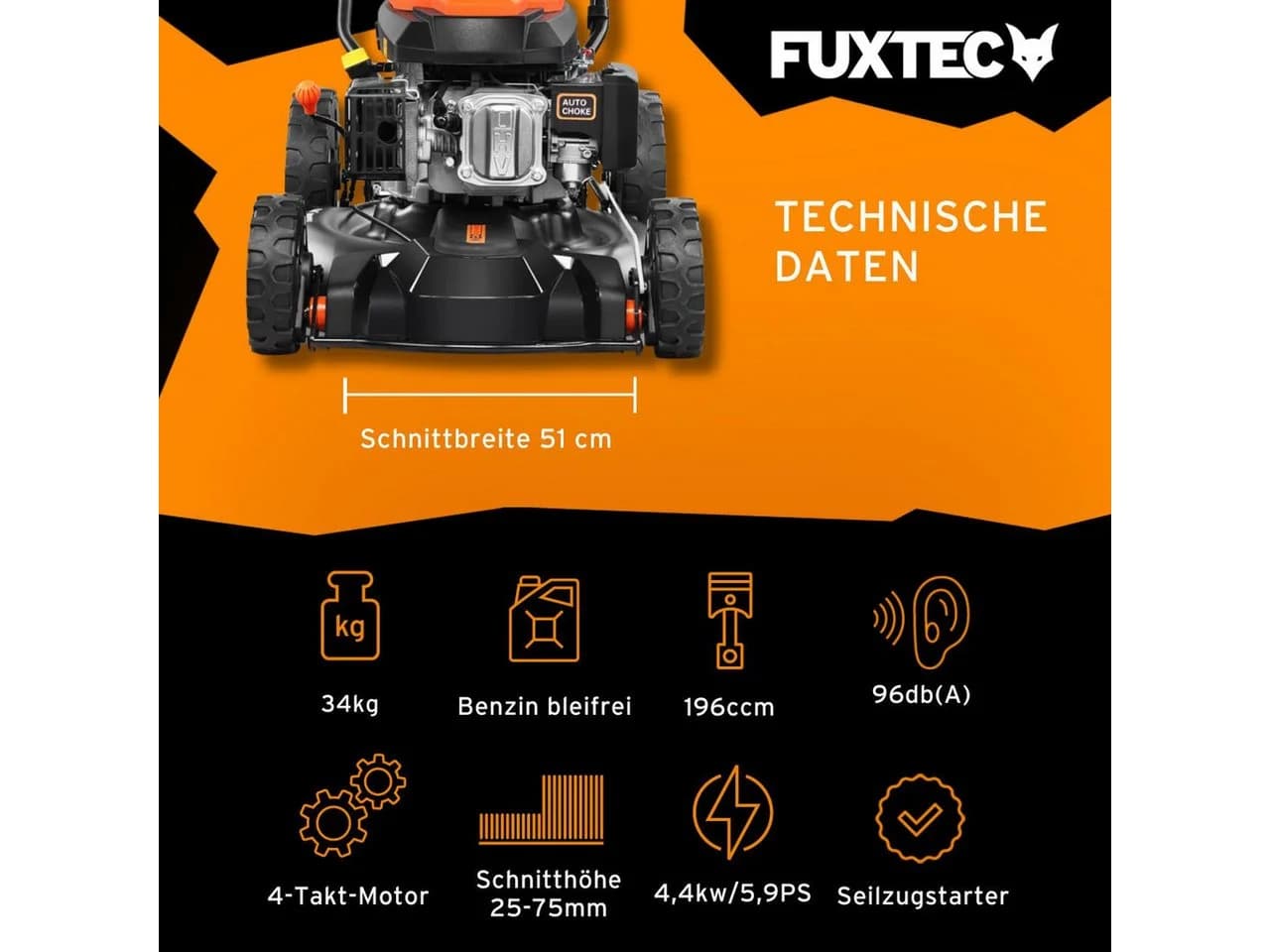 FUXTEC Benzinrasenmäher FX-RM51SA96 mit Frontantrieb und Mulchfunktion