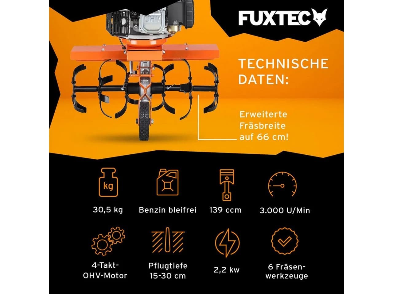 FUXTEC Benzinmotorhacke FX-AF1139-SET1, 36 cm Arbeitsbreite, 4-Takt Motor, regulierbare Pflugtiefe, 3000 U/min