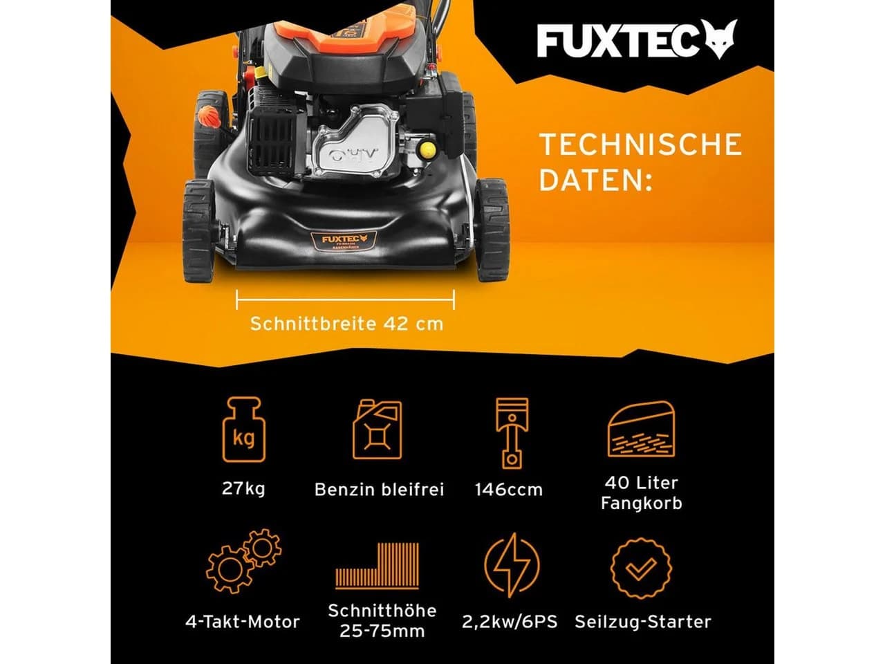FUXTEC Benzinrasenmäher FX-RM4346 42cm Schnittbreite 3PS Schwarz