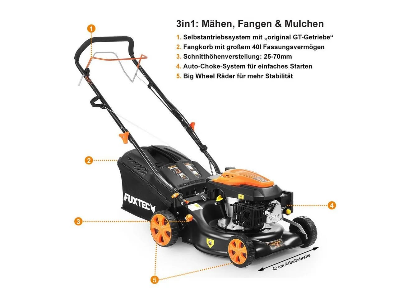 FUXTEC Benzinrasenmäher FX-RM4346 42cm Schnittbreite 3PS Schwarz - Bild 5
