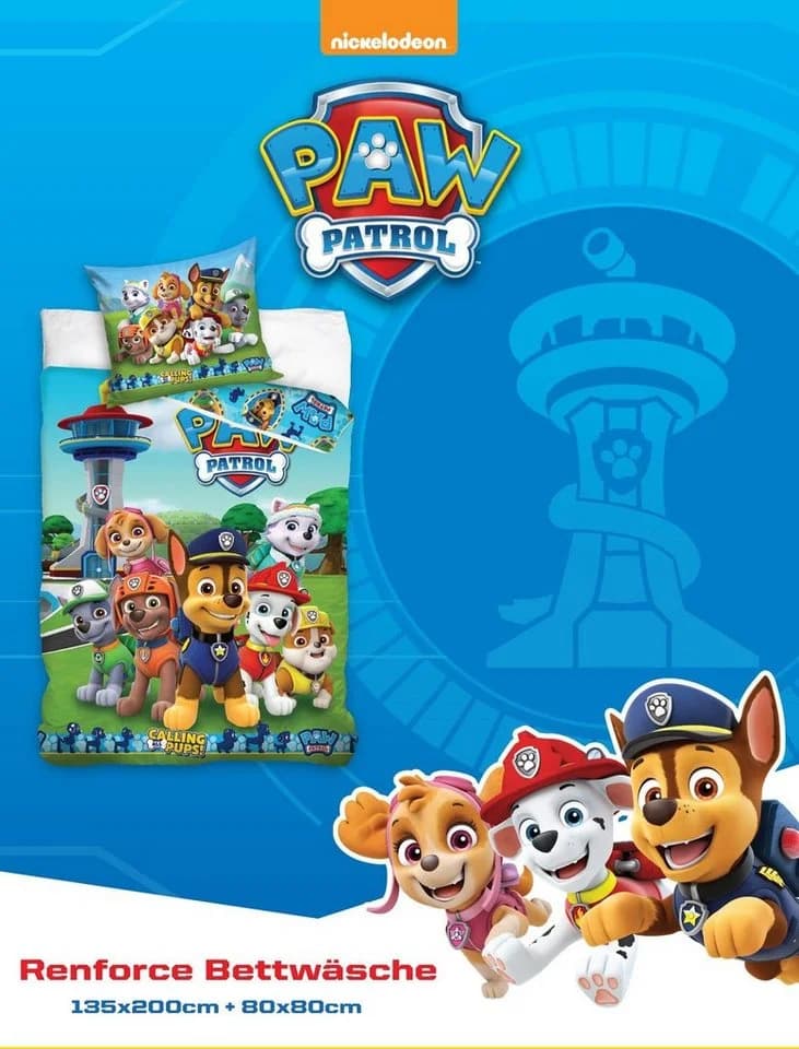 MTOnlinehandel Kinderbettwäsche Paw Patrol 135x200 + 80x80 cm Baumwolle Renforcé