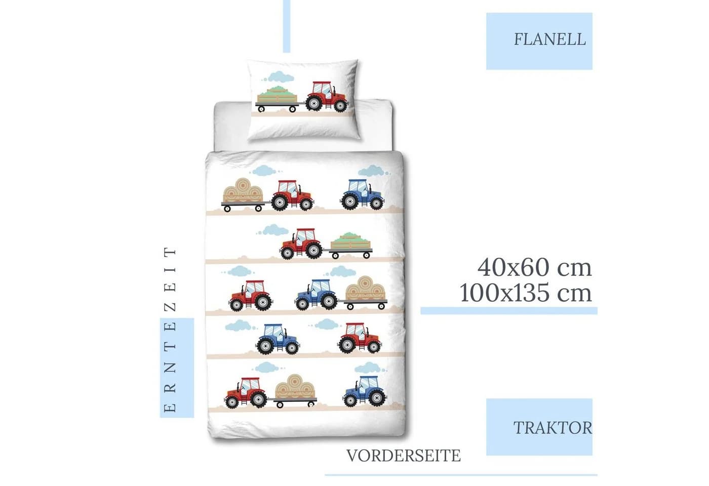 MTOnlinehandel Babybettwäsche Traktor 100x135 + 40x60 cm 100% Baumwolle Biber - Bild 3