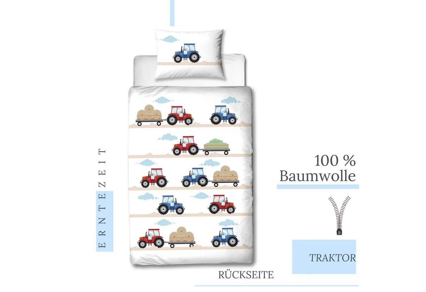 MTOnlinehandel Babybettwäsche Traktor 100x135 + 40x60 cm 100% Baumwolle Biber - Bild 4