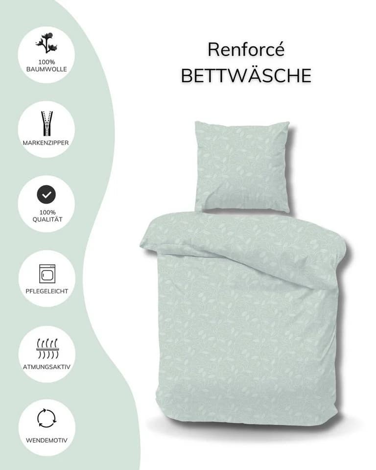 MTOnlinehandel Bettwäsche Emma 100% Baumwolle Salbeigrün Renforcé - Bild 3