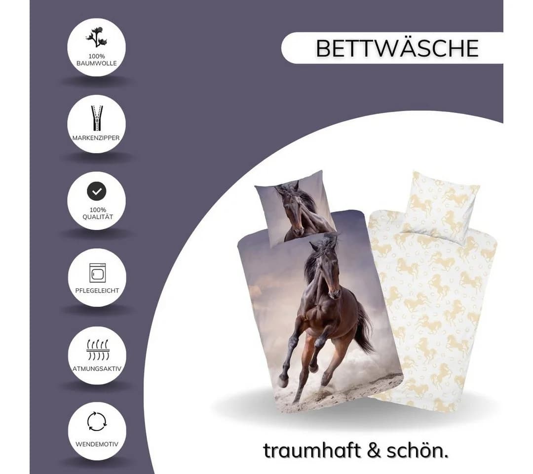 MTOnlinehandel Kinderbettwäsche Pferde Bunt Renforcé
