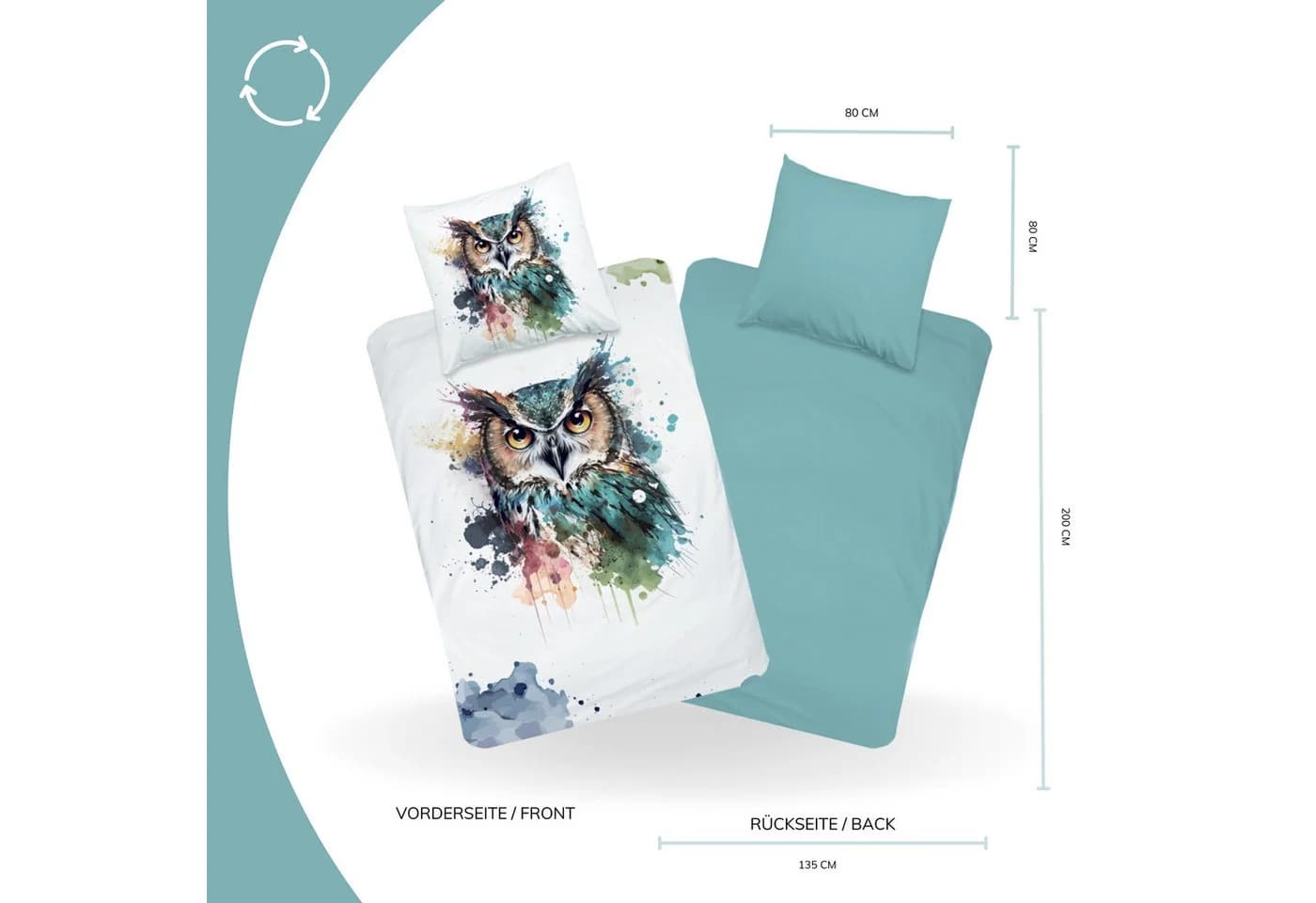 MTOnlinehandel Bettwäsche Wendebettwäsche Aquarell Eule petrol 100% Baumwolle - Bild 4