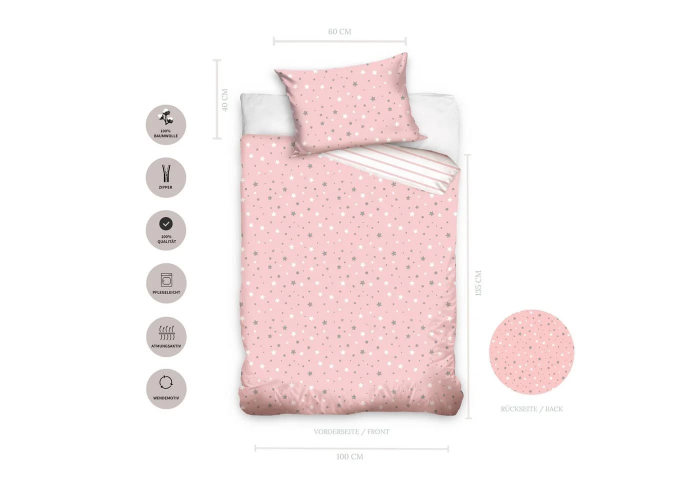 MTOnlinehandel Babybettwäsche Stella Rosa Grau Weiß 100x135 + 40x60 cm - Bild 5