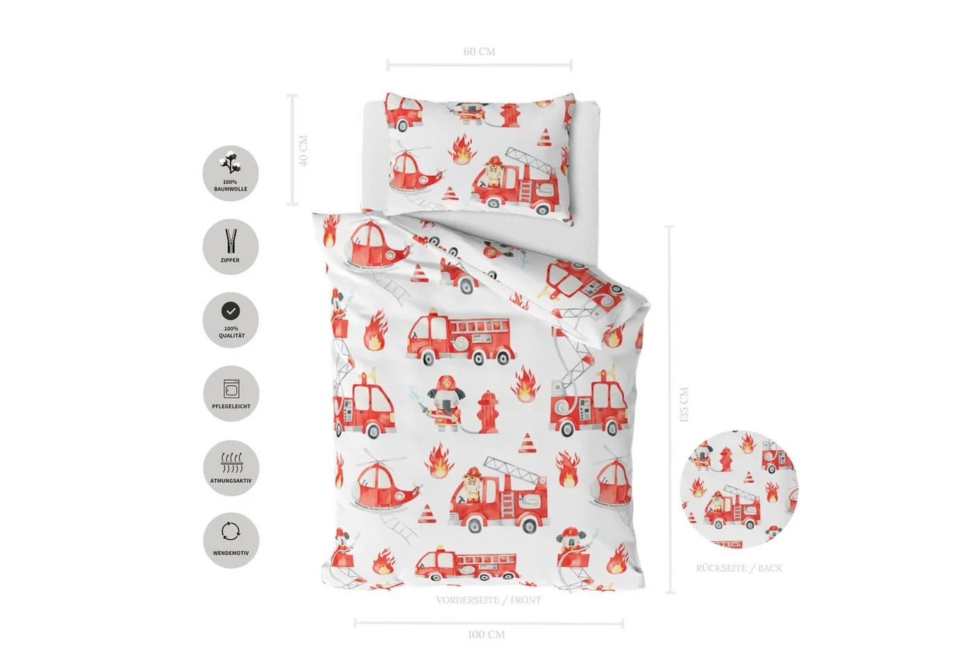 MTOnlinehandel Babybettwäsche Little Hero Feuerwehr 100x135 + 40x60 cm Weiß Rot - Bild 3